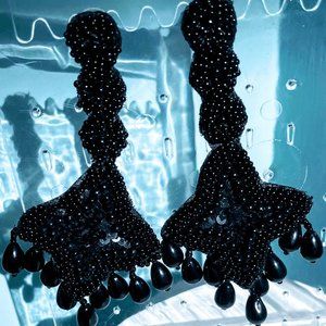 Embellished Black Handmade Beaded Long Earrings